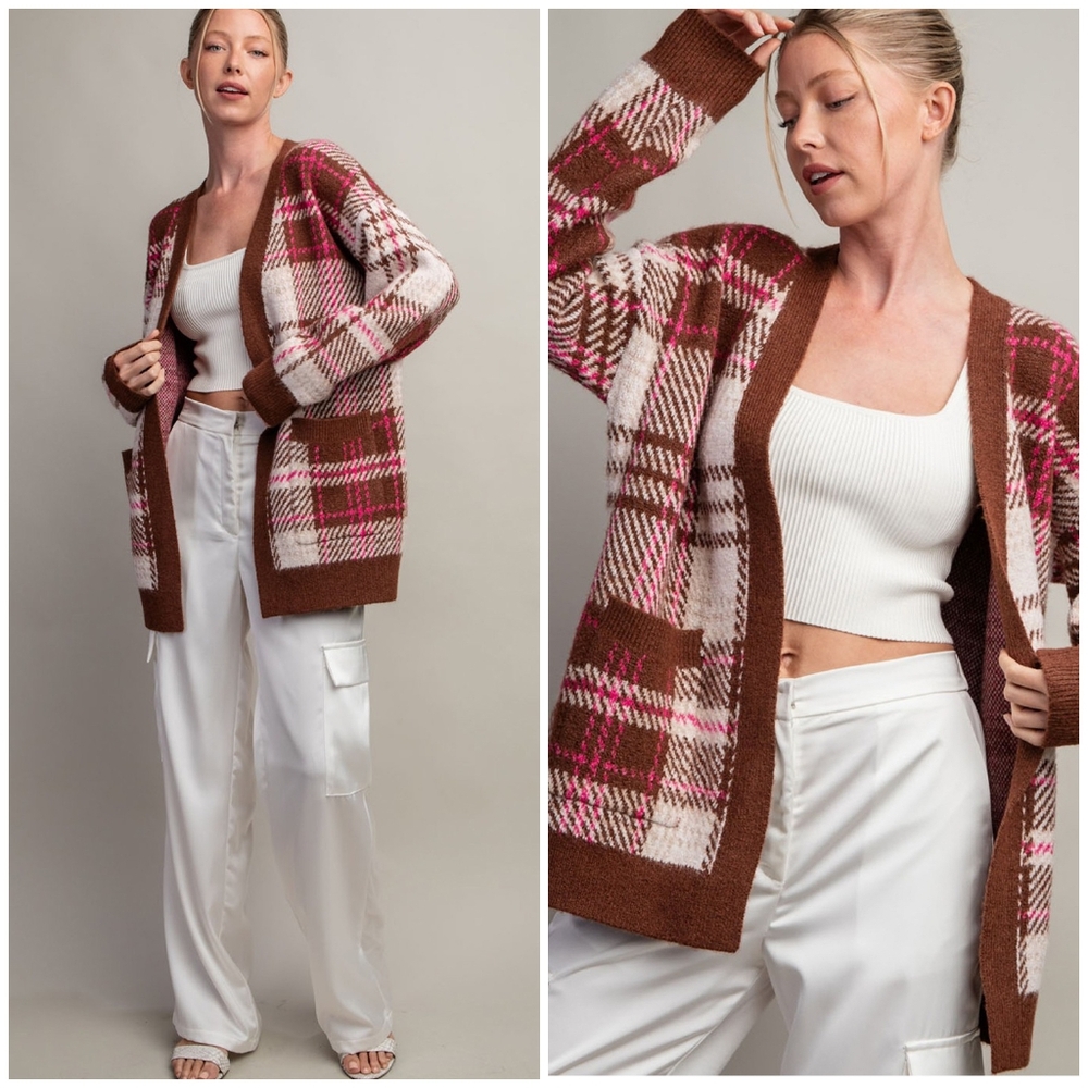 ee:some Cozy Chic Brown Plaid Cardigan - Picture 4 of 13